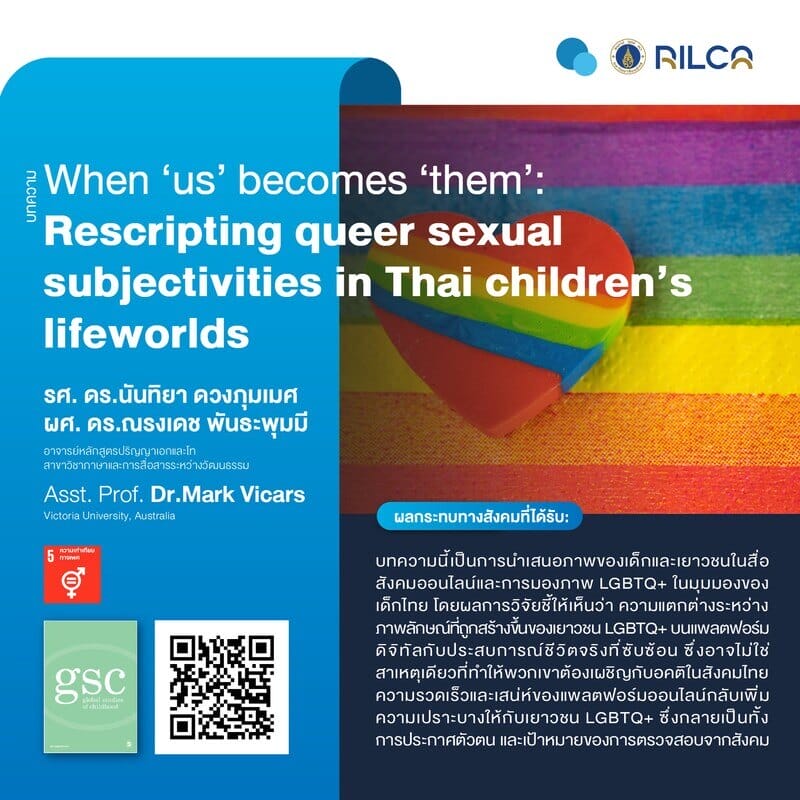 บทความ “When ‘us’ becomes ‘them’: Rescripting queer sexual subjectivities in Thai children’s lifeworlds”
